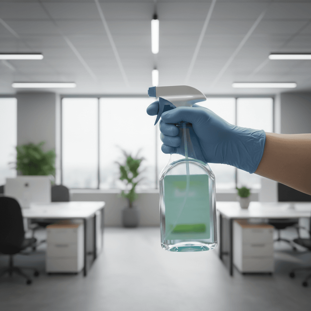 Worker using eco-friendly cleaning solution on a countertop