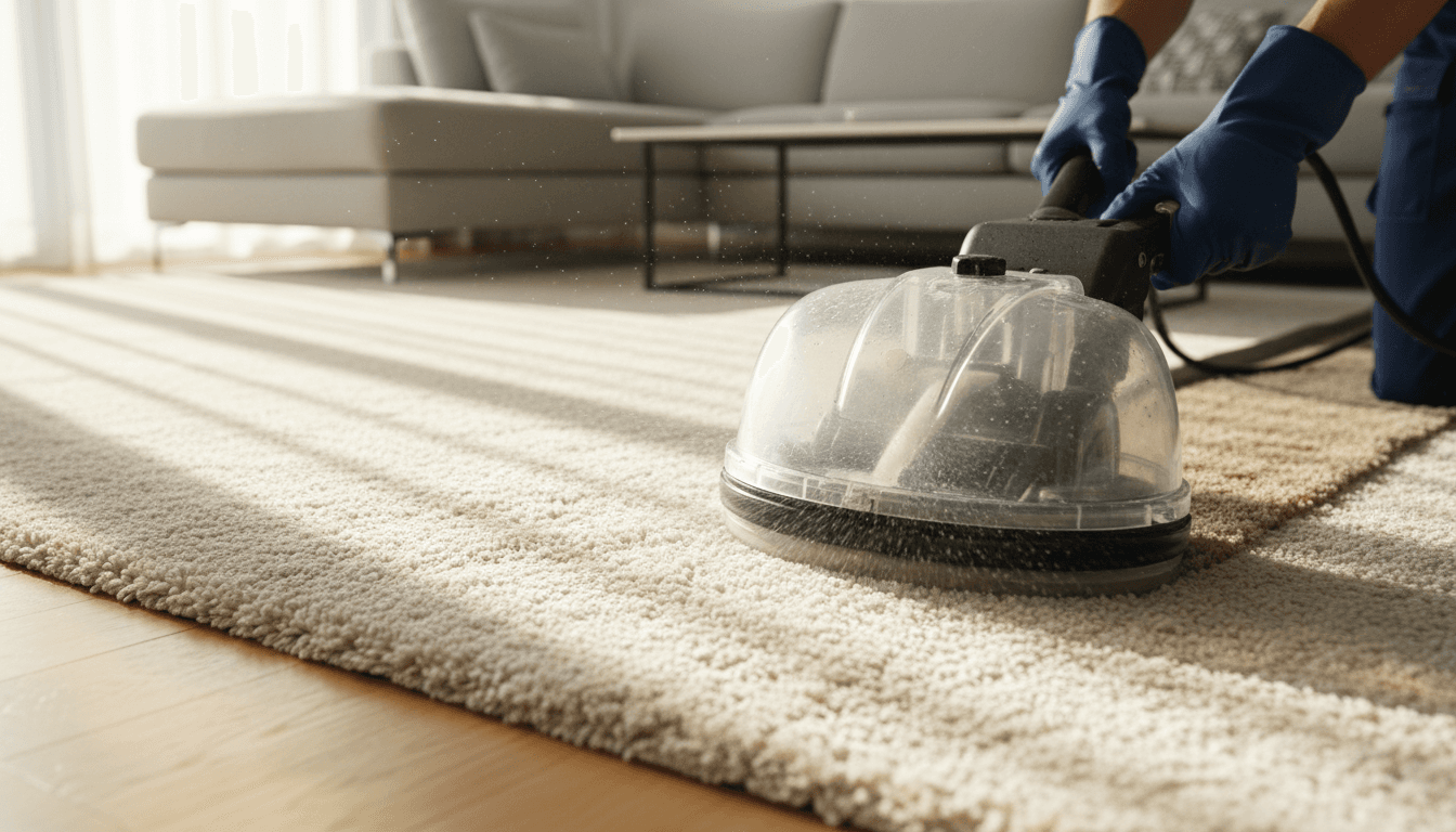Overhead view of clean beige carpet with visible vacuum lines and cleaning tools at the edge