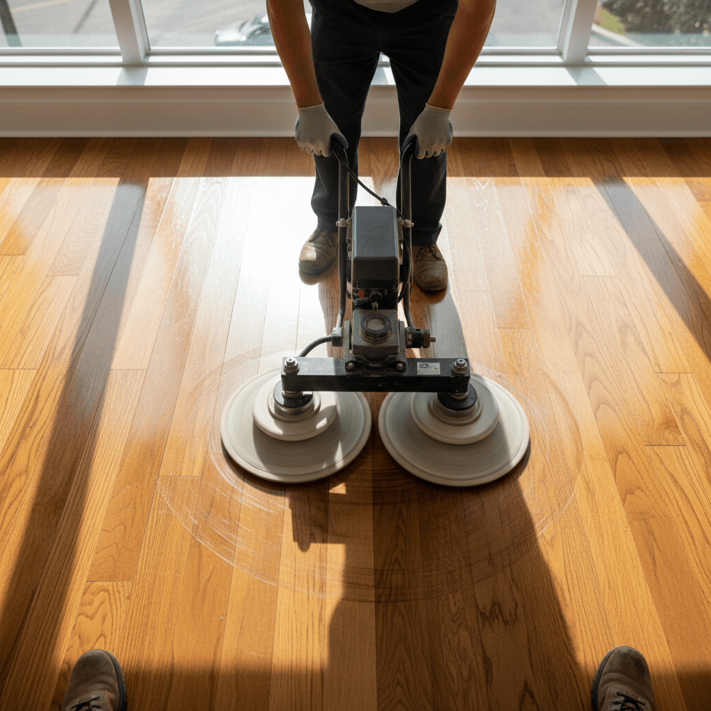 Floor buffer machine polishing a commercial tile floor, creating a wet shine