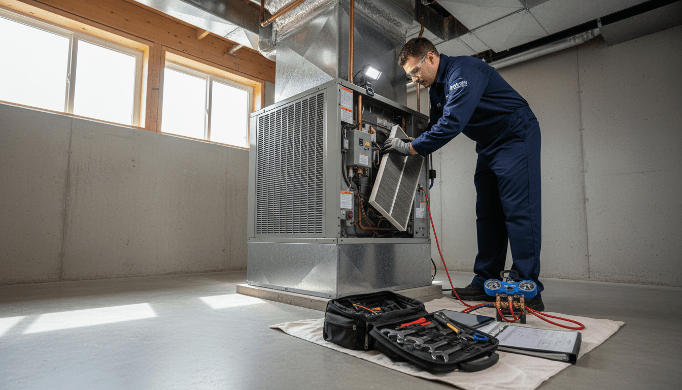 HVAC technician performing maintenance on central air conditioning system in residential basement with diagnostic equipment