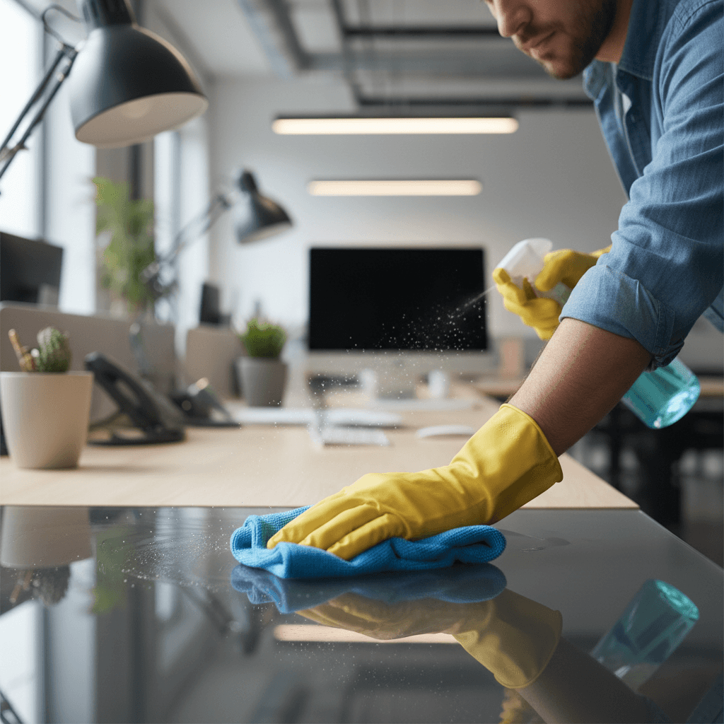 Gloved hands using eco-friendly spray and cloth to clean an office glass door