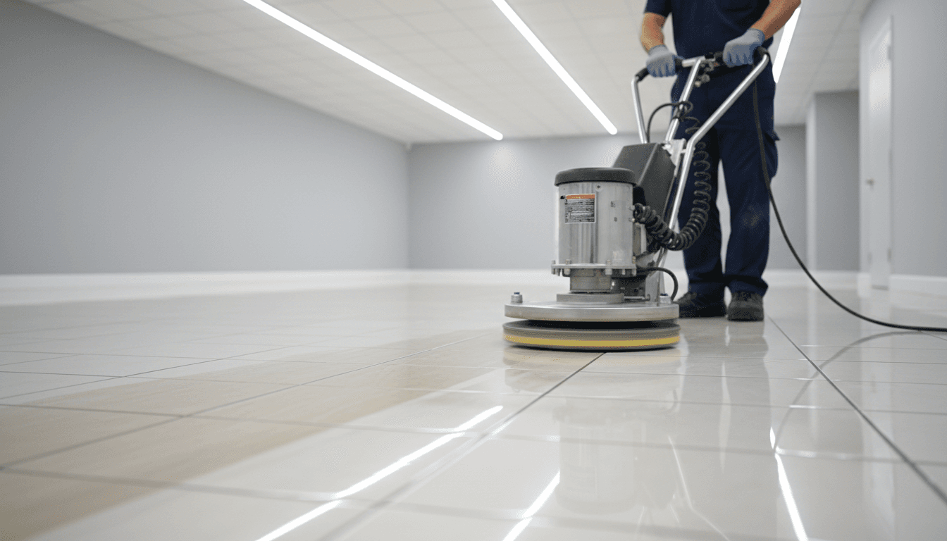 Technician polishing a commercial office floor