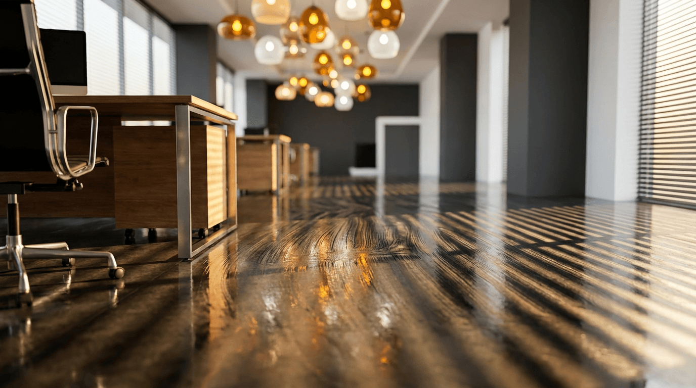 Polished office floor with bokeh light reflections and shadowing from window blinds.